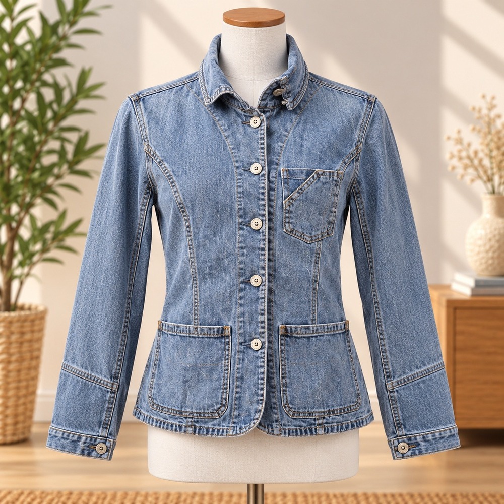 Pure Jeans Denim Chore Jacket Women L Blue Button Front Stand Collar Pocket